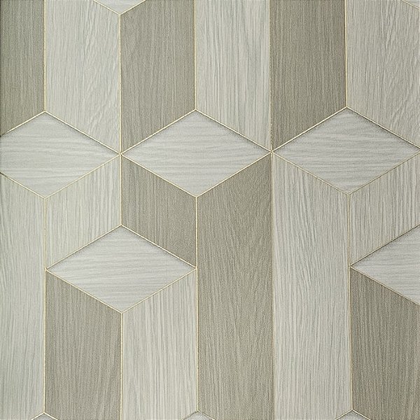 Papel de Parede Kantai Coleção White Swan 3D Geométrico Bege Acinzentado com Fio Dourado