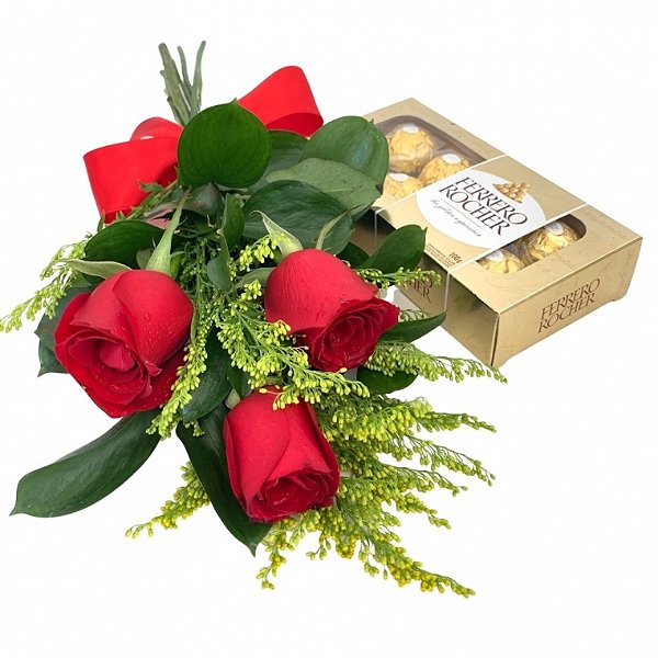 Buque de 3 Rosas Vermelhas com Chocolates Ferrero Rocher