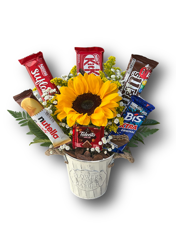 Balde Sunshine: Arranjo de Chocolates e Flores