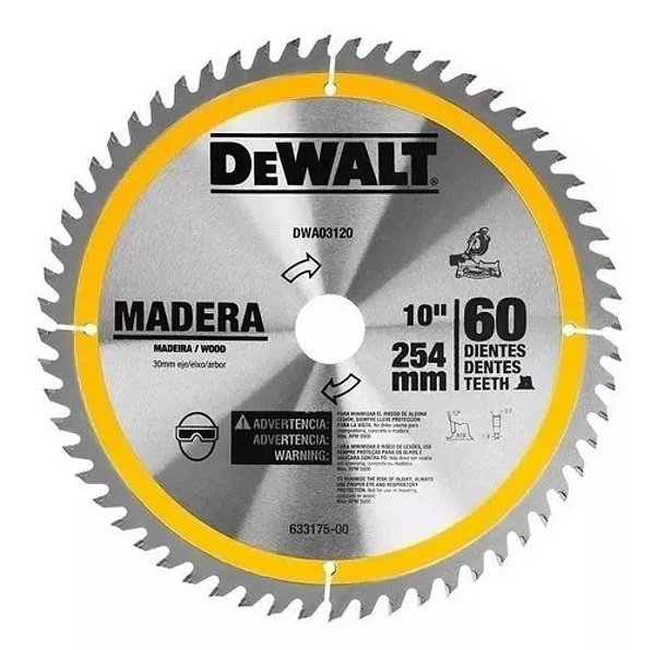 Lâmina de Serra Circular 254mm (10") 60 Dentes para Madeira DEWALT - DWA03120