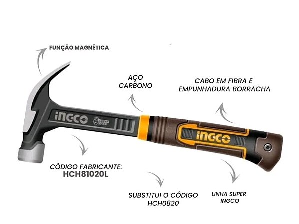 MARTELO UNHA EM ACO FORJADO MAGNETICO C SIST ABSORCAO DE IMPACTO INGCO - HCH81020L