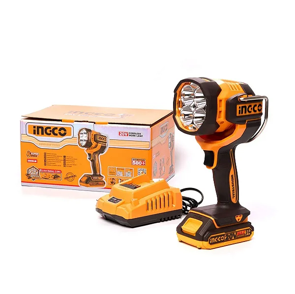 LANTERNA DE TRABALHO INGCO 2000 LUMENS A BATERIA 20V LINHA P20S COM 1 BATERIA 2.0AH E CARREGADOR
