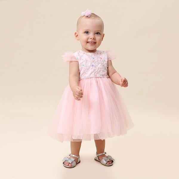 Vestido Bebê Rosa Com Flores Coloridas Festa Luxo Cattai