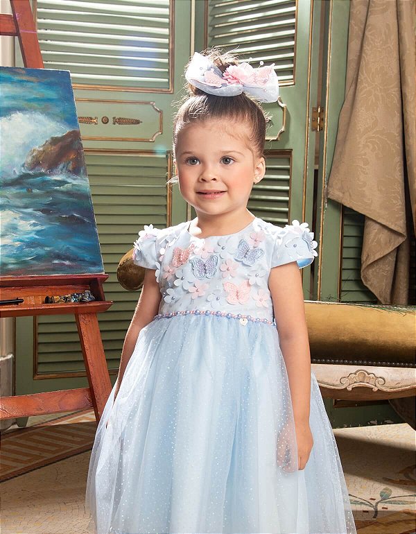 Vestido Azul E Rosa Com Bordado E Pérolas Luxo Festa Cattai