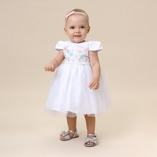 Vestido Luxo Bebê Bordado Colorido E Pérolas Festa Cattai