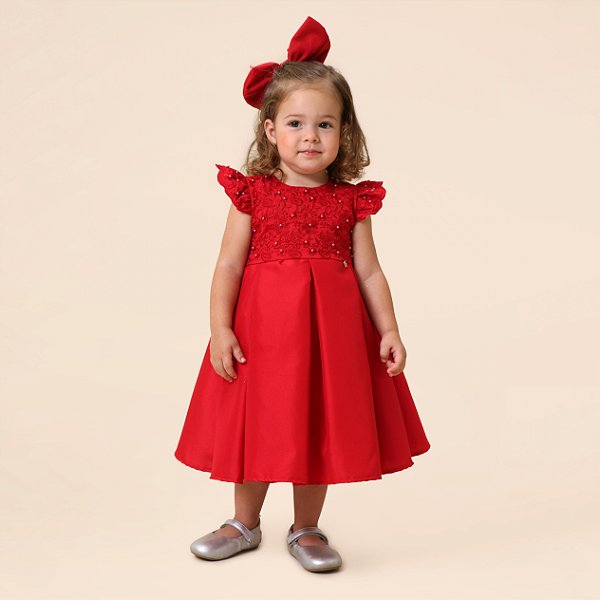 VESTIDO LISO COM ABA BORDADA VERMELHO