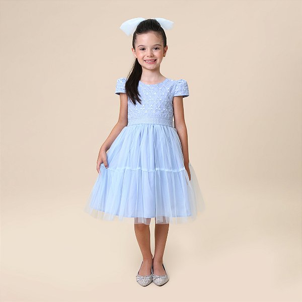 Vestido bordado com cinto trabalhado azul