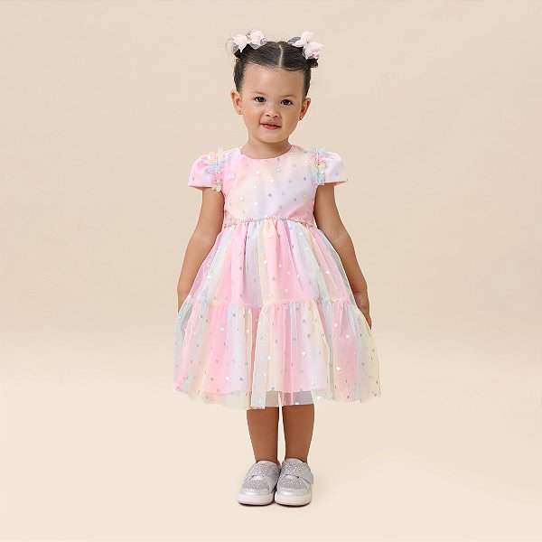 Vestido tule Arco - Íris e coração