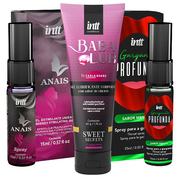 Kit Sensações - Spray Anais 17ml + Lubrificante Baba Lub 50ml + Spray Garganta Profunda Menta 15ml Intt