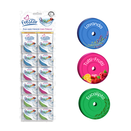 Pedra sanitária Novo Frescor Mista 12 unidades 18g Fragrâncias Lavanda, Tutti-Frutti, Eucalipto