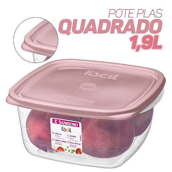 Pote Vasilha Plástica Quadrada Multiuso Linha Fácil Com Tampa 1,9 Litros - SANREMO