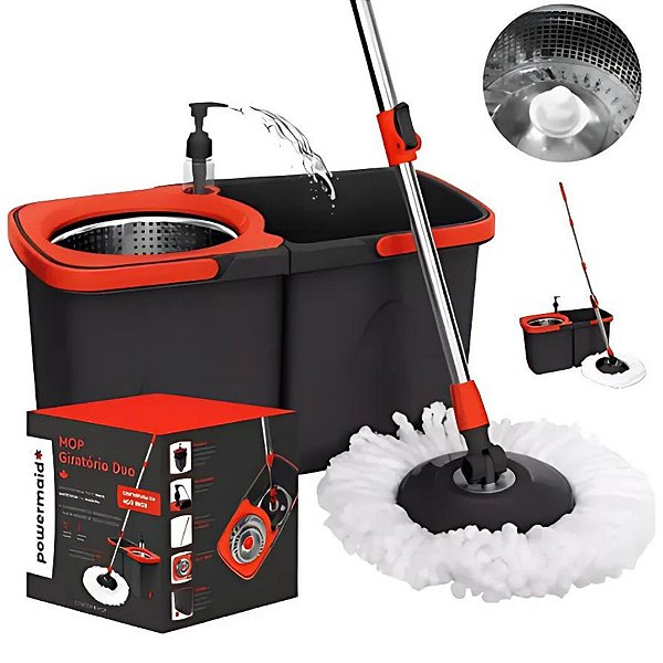 Mop Esfregão Duo Giratório Inox c/ Dispensador Desmontável Cesto Inox Duas Águas