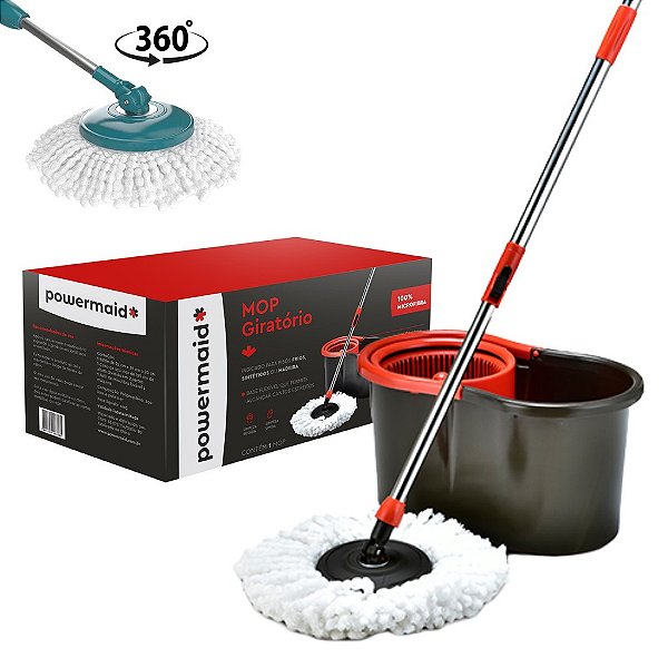 Mop Giratório Cabo Inox Limpeza Balde 8L Esfregão 360 Powermaid