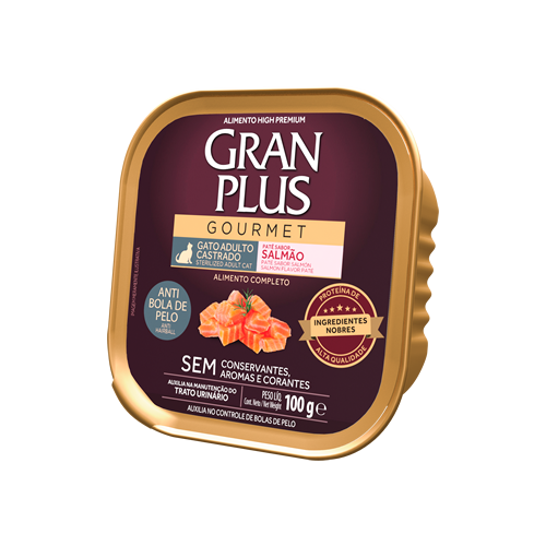 GranPlus Gourmet Patê Gato Adulto Castrado Anti Bola de Pelo Sabor Salmão 100G