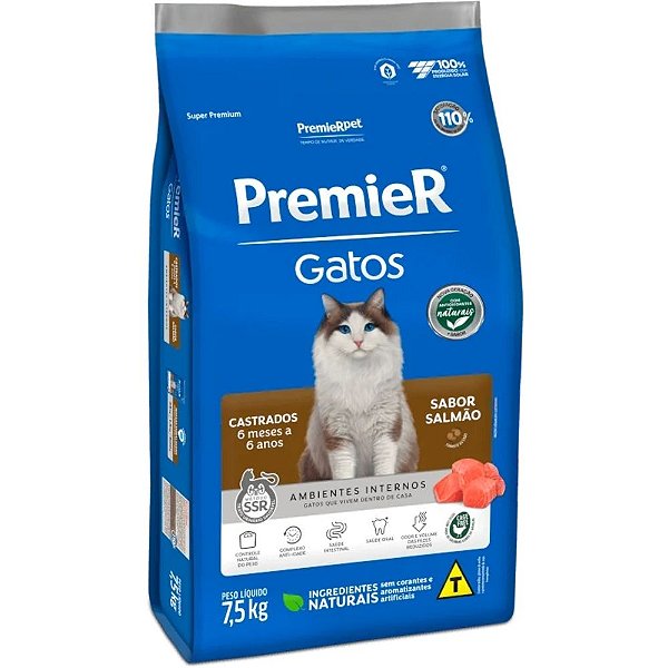 Ração Premier Ambientes Internos Gatos Castrados de 6 Meses a 6 Anos Sabor Salmão 7,5 Kg