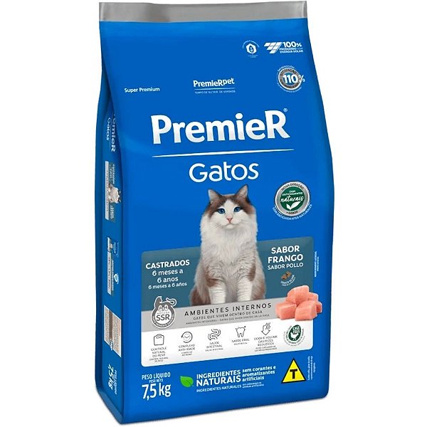 Ração Premier Ambientes Internos Gatos Castrados de 6 Meses a 6 Anos Sabor Frango 7,5 Kg