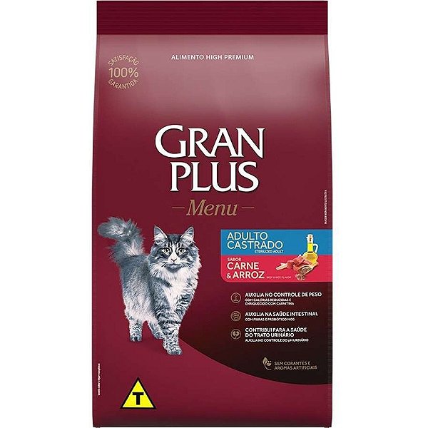 Ração GranPlus Menu Sabor Carne e Arroz para Gatos Castrados 10,1Kg