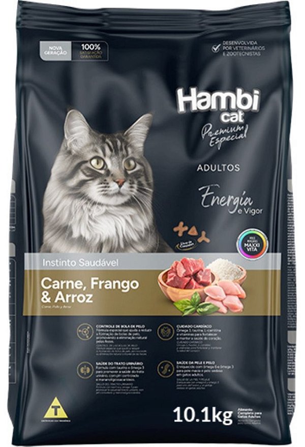 Ração Hambi Cat Premium Especial para Gatos Adultos Sabor Carne, Frango e Arroz 10,1Kg