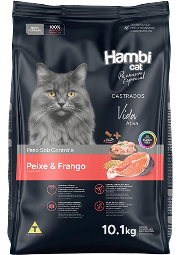 Ração Hambi Cat Premium Especial para Gatos Castrados Sabor Peixe e Frango 10,1Kg