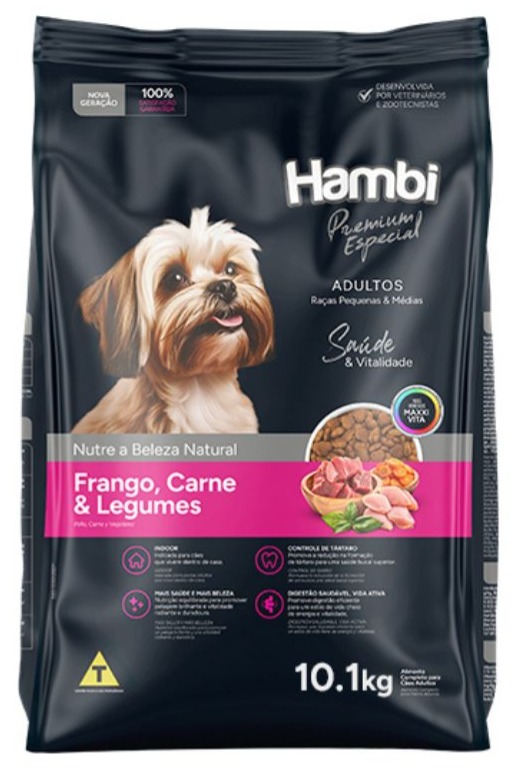 Ração Hambi Premium Especial para Cães Raças Pequenas e Médias Sabor Frango, Carne e Legumes 10,1Kg