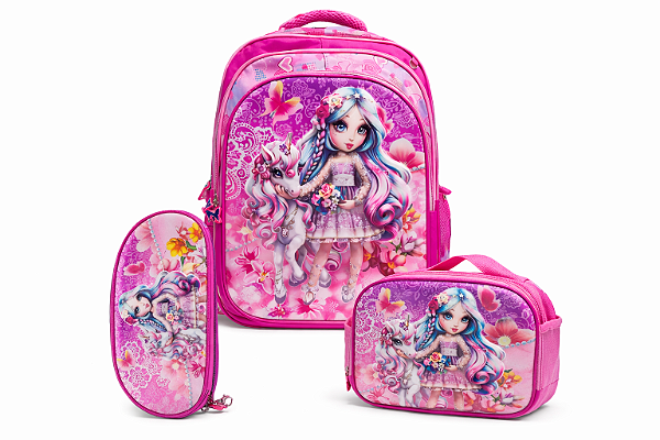 Kit Mochila Unicórnio Rosa Infantil com Lancheira e Estojo