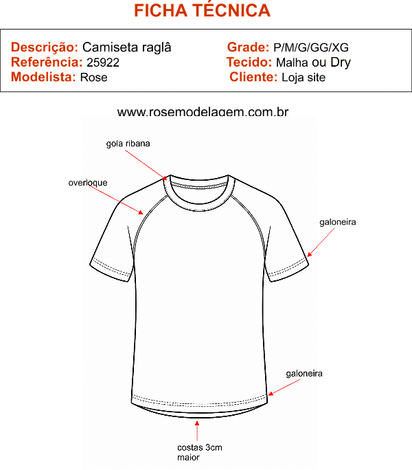 Molde Camiseta Raglan Esportiva - Tamanhos P/M/G/GG/XG