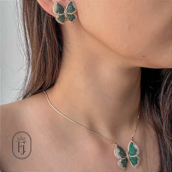 CONJUNTO BORBOLETA ZIRCÔNIA VERDE