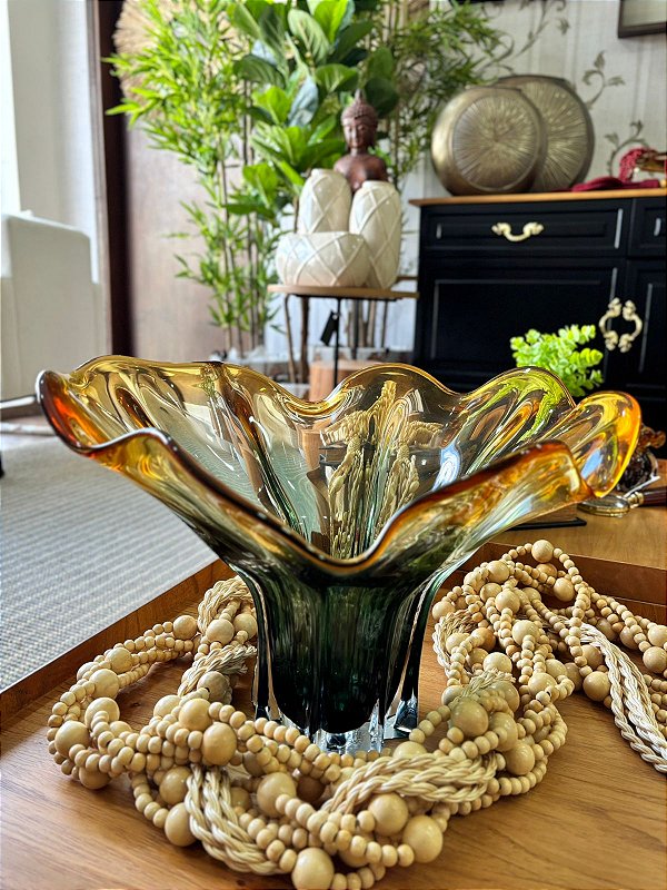 Vaso de Vidro Artístico Verde com Âmbar