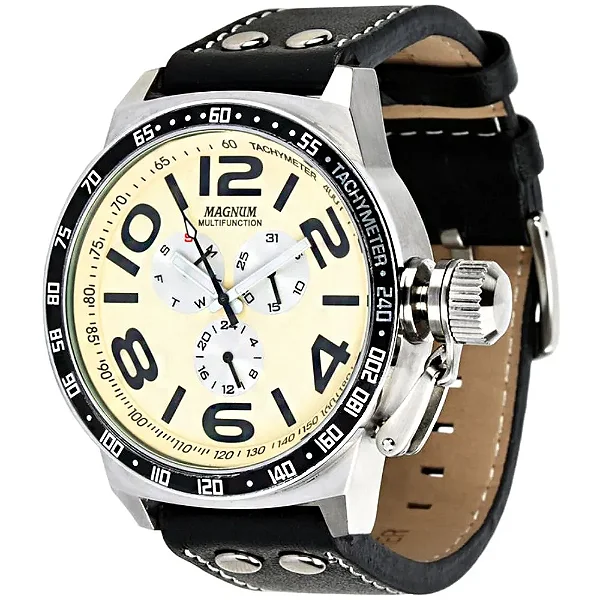 Relogio Magnum Masculino Multifunção - Prata com Pulseira de Couro Preto - MA31579Y