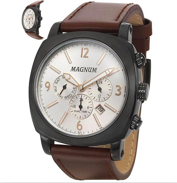 Relógio Magnum Masculino Business - Preto com Pulseira de Couro Marrom - MA34512D