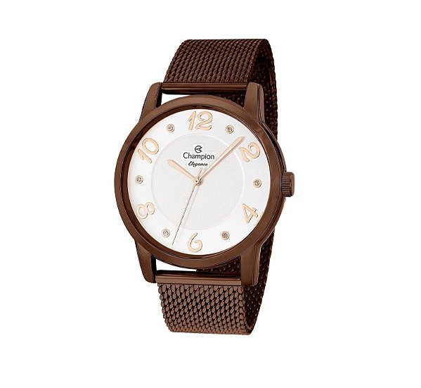 Relógio Champion Feminino Elegance - Marrom com Fundo Branco e Pulseira de Esteira - CN26117R