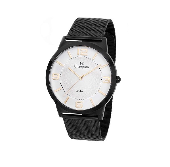 Relógio Champion Feminino S-Line - Preto com Fundo Branco e Pulseira de Esteira - CN21005M