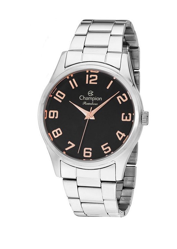 Relógio Champion Feminino Rainbow - Prata com Mostrador Preto e Detalhe em Rosê - CN29884T