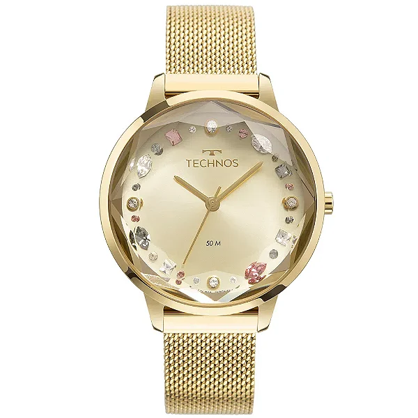 Relógio Technos Feminino - Dourado com Pulseira de Esteira e Pedras