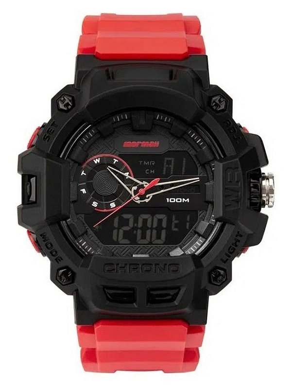 Relógio Mormaii Digital Masculino - Action - Preto com Pulseira Vermelha - MO6600AA/8R