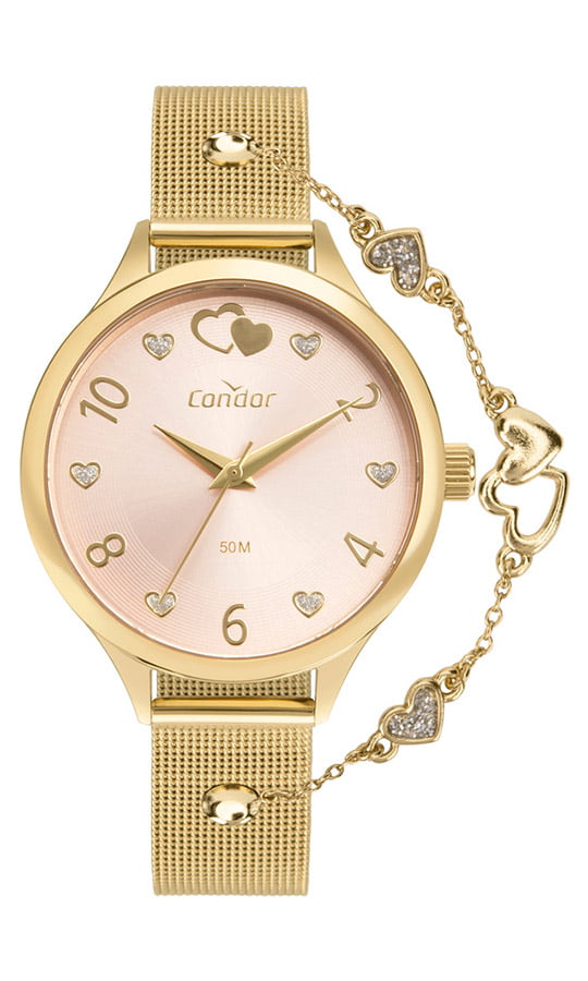 Relógio Condor Feminino KIT - Dourado com Mostrador Rosa e Pulseira de Esteira - COPC21JKZ-K4T