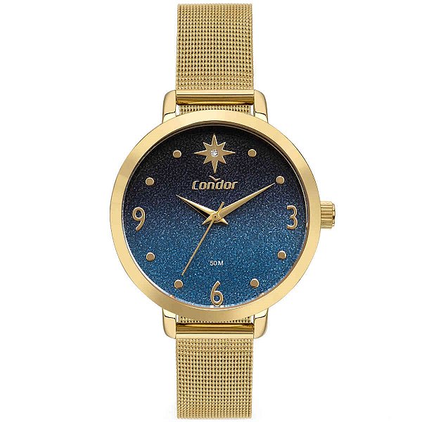 Relógio Condor Feminino - Dourado com Mostrador Azul Céu Brilhante - CO2036MWT-4D