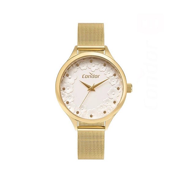 Relógio Condor Feminino KIT - Dourado com Mostrador Branco e Semi-joia - CO2036MWI-K4D