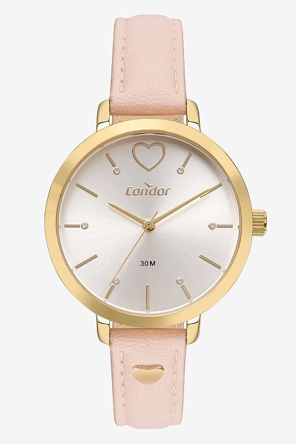 Relógio Condor Feminino KIT - Dourado com Pulseira de Couro Rosa Claro - CO2036MVBS-K3D