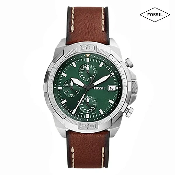 Relógio Fossil Masculino Bronson- Prata com Fundo Verde e Pulseira de Couro Marrom - FS5898-1VN