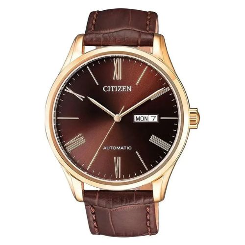 Relógio Citizen Masculino Automático - Dourado com Fundo Marrom e Pulseira de Couro Marrom - TZ20804R