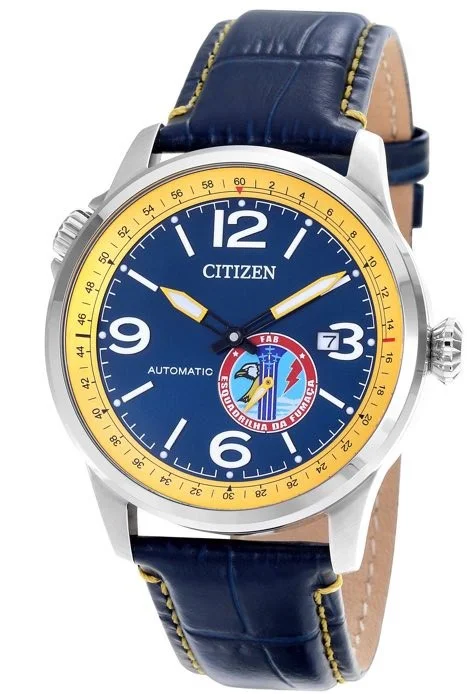 Relógio Citizen Masculino Esquadrilha da Fumaça - Prata com Pulseira de Couro Azul - Automático - TZ31730F