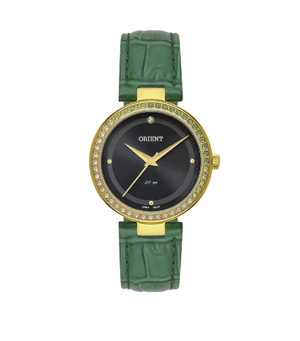 Relógio Orient Feminino - Eternal Dourado com Mostrador Preto e Pulseira Verde - FGSC0034.P1EX
