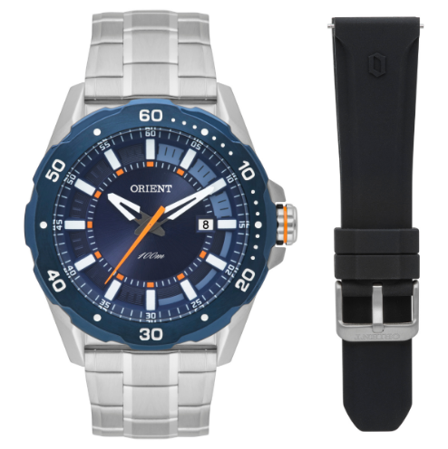 Relógio Orient Masculino - Prateado com Mostrador Azul e Laranja - MBSS1478.D1SX