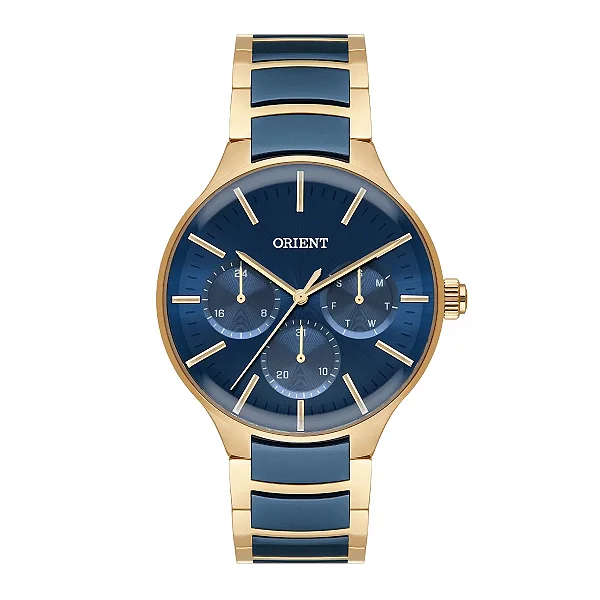 Relógio Orient Feminino Cerâmica Multifunção - Dourado com Mostrador e Detalhes da Pulseira Azul - MTSKM001.D1KD