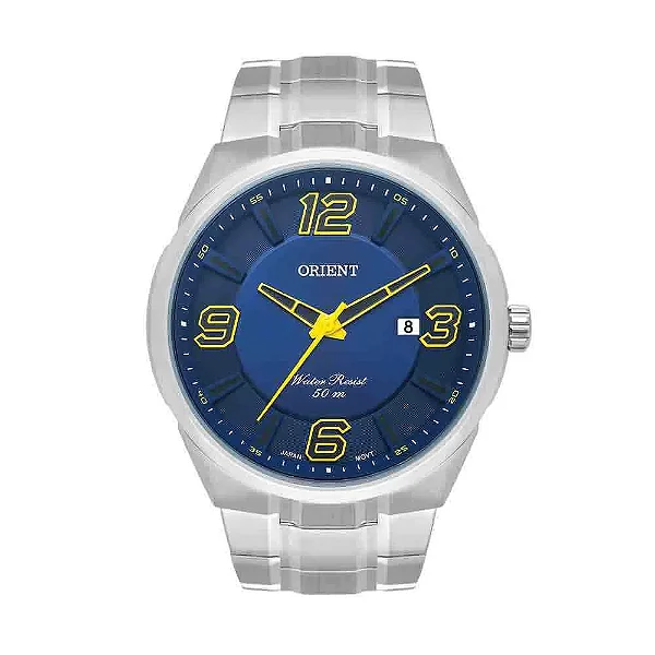 Relógio Orient Masculino - Prata com Mostrador Azul Detalhes em Amarelo e Calendário - MBSS1385.D2SX