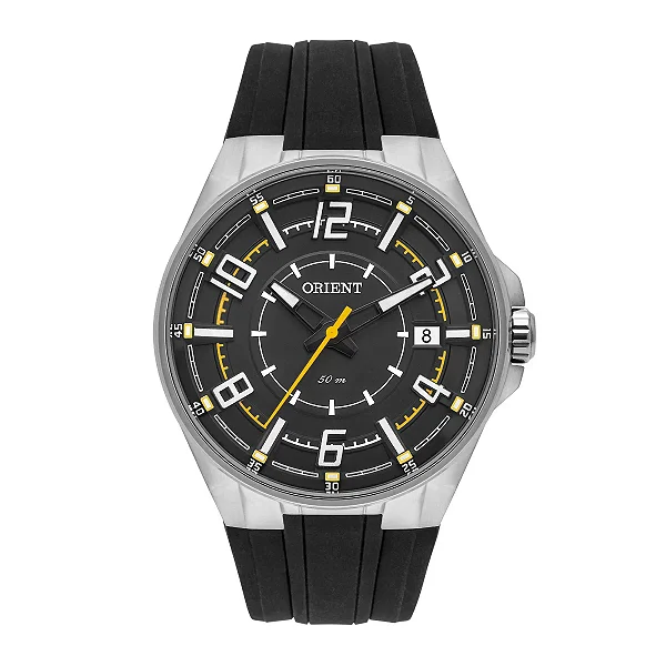 Relógio Orient Masculino - Prata com Mostrador Preto e Pulseira de Silicone Preta - MBSP1036.PYPX