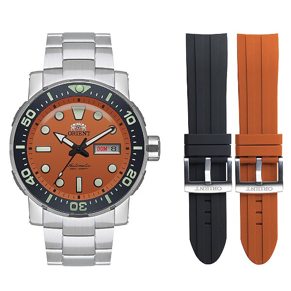 Relógio Orient Poseidon Diver Automático - Prata com Mostrador Laranja - Acompanha 2 Pulseiras - F49SS014.O1SX