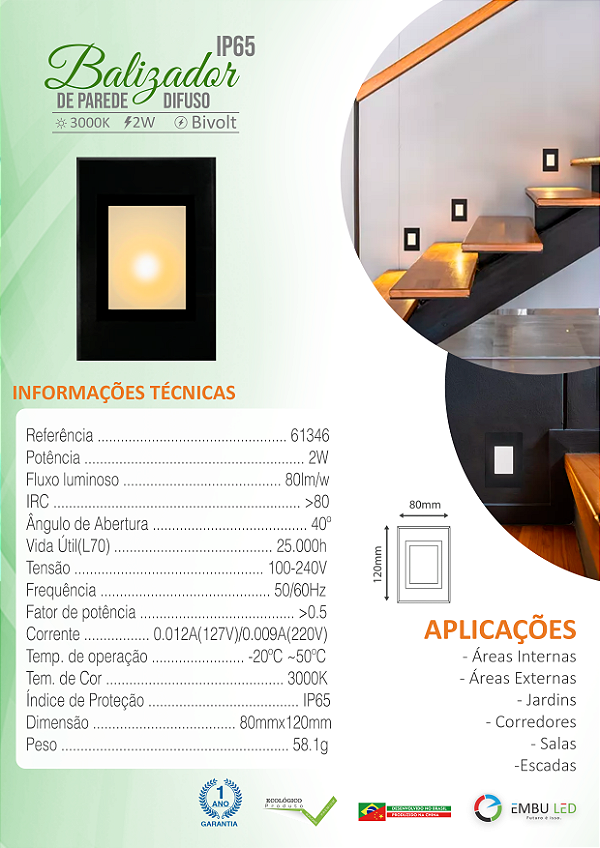BALIZADOR DE PAREDE PRETO 4X2 IP65 BIVOL