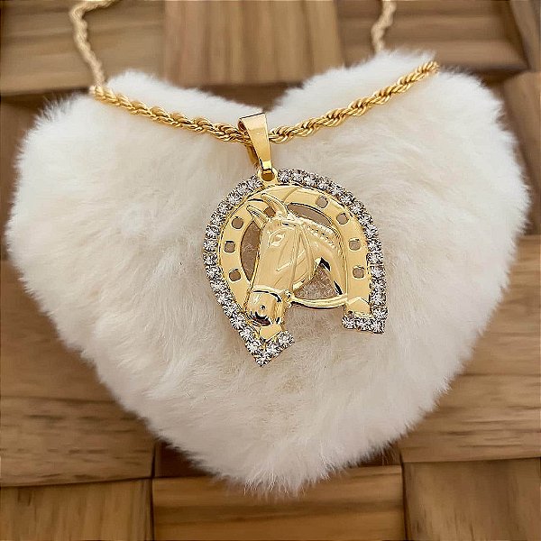 Colar Cavalo e Ferradura Strass no Cordão Baiano